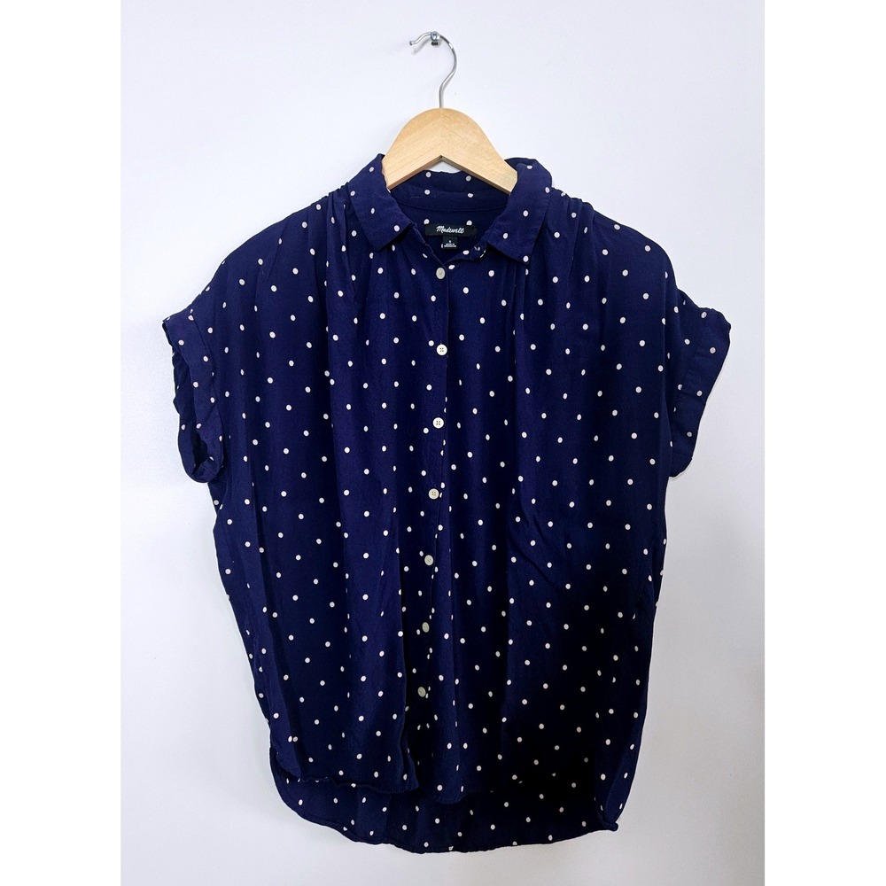 Madewell Navy Blue Polka Dot Split Neck Blouse Top Women S Texture Crepe Retro - Picture 2 of 5